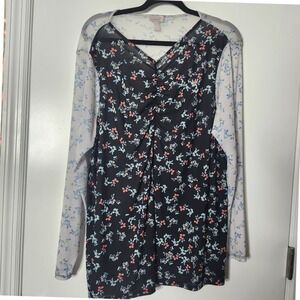 LOGO Layers by Lori Goldstein Womens XL Floral Mesh Ruched VNeck Long Sleeve Top